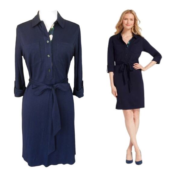Draper James Popover Knit Belted Shirtdress in Nassau Navy Blue - Picture 1 of 13